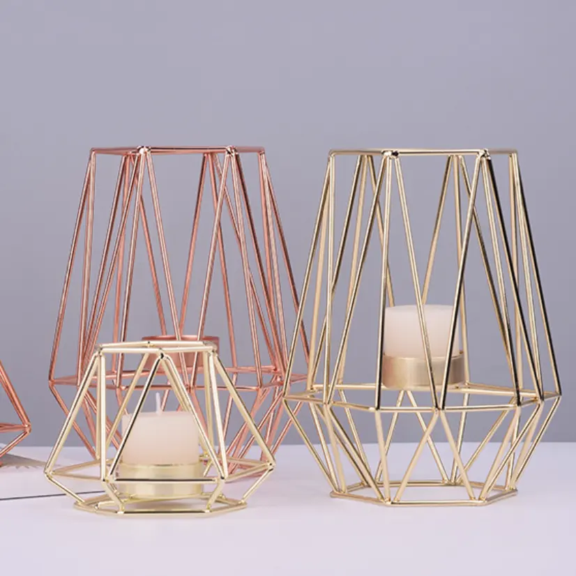 Grosir Dudukan Lilin Lampu Teh Logam Geometris Besi Badai Emas Mawar Segi Enam Mewah Nordic untuk Dekorasi Rumah