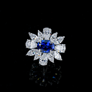 S925 Sterling Silver Lab-Grown Sapphire <b>Ring</b>, Oval Cut <b>Sunflower</b> Halo Engagement <b>Ring</b> - Product Image 2