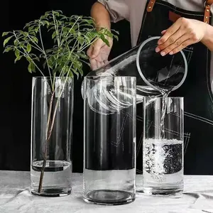 Grosir Ruang Tamu Ukuran Besar Dekorasi Lantai Transparan Kaca Lurus Silinder Seni Vas