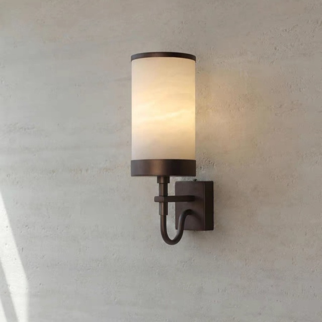 Natural Alabaster Wall Sconce Antique Bronze Metal Vintage Wabi Sabi LED Wall Lamp Hotel Bedroom Corridor Decor Light