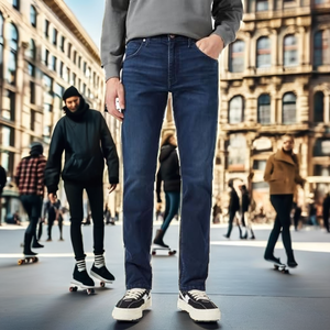 Jean en denim délavé foncé coupe droite taille mi-haute pour homme – Pantalon décontracté bleu uni - Product Image 2