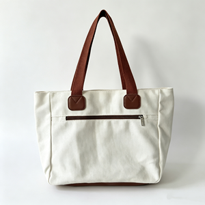 Sac fourre-tout en toile blanche avec logo personnalisé, grande taille, poignée épaule, sac de shopping, usage quotidien, bordure beige - Product Image 4