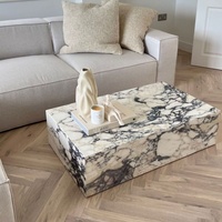 Table basse en marbre Calacatta Viola de luxe nordique, design minimaliste, pour salon et villa, avec socle cube bas