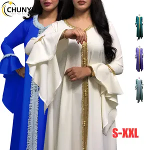 Abaya Dresses for Women Middle East Sequin Embroidered Long Bell Sleeve Ribbon Maxi Dress Dubai Sadui Kaftan