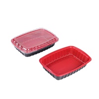 Boîte à lunch jetable en PP de 26 oz, rectangulaire, épaisse, résistante aux micro-ondes, étanche, écologique, de qualité alimentaire, avec couvercle en plastique rouge et noir personnalisé