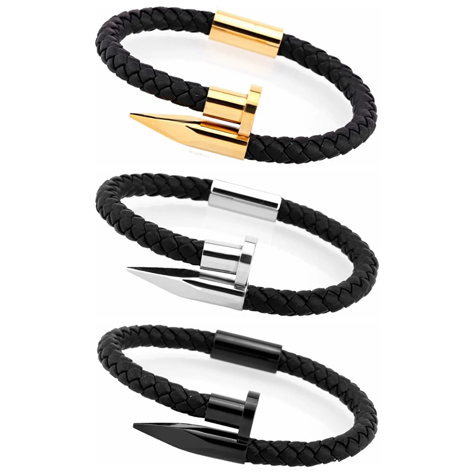 Braided Leather Nail Bracelet for Men Women Stainless Steel Charm Cuff Wristband Bangle Black Popper Jewelry