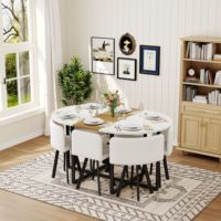 Ensemble de table à manger ovale 7 pièces, 6 chaises en cuir PU blanc, plateau moderne en imitation marbre grain de bois triamine, écologique et durable
