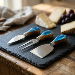 Ensemble de couteaux à fromage avec manche en bois et résine bleue, fourchette de service et spatule en acier inoxydable pour plateau à fromage, pour la maison et la présentation de table - Product Image 1