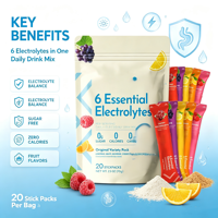 Poudre d'électrolytes sans sucre, multiplicateur d'hydratation, 6 minéraux essentiels, pack varié, bâtonnets de réhydratation rapide, complément OEM