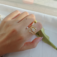 Gracieuse Fleur Anneaux Ensembles Bijoux Plaqué Or Laiton Shinning Cube Zircon Laisser Ouvert Manchette Anneau Réglable Pour Les Femmes
