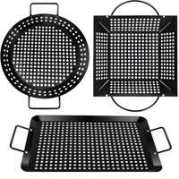 Lot de 3 Plaques de Cuisson BBQ en Acier Carbone avec Poignées, Plateau de Grillade pour Légumes et Viandes, Accessoire de Barbecue Extérieur
