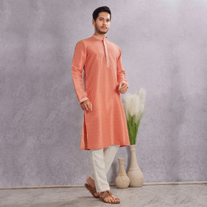 <b>Men's</b> Coral Cotton <b>Kurta</b> With White Churidar For Casual Wear Traditional Indian Ethnic Outfit Ankle-Length Regular Fit - Product Image 2