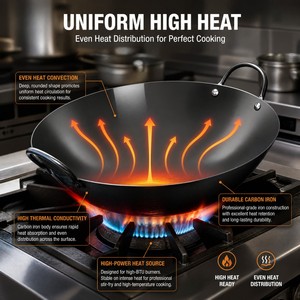 Large Capacity <b>Cast</b> Iron Carbon Steel Wok Stable Double Riveted Loop Handles Stir Fry <b>Pan</b> For High Fire Professional Kitchen - Product Image 5