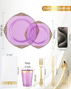 350PCS Purple Plastic Dinnerware Sets for 50 Guests Includes100 <strong>Disposable</strong> <strong>Plates</strong> 150 Gold Silverware 50 Cups 50 Napkins - Product Image 3