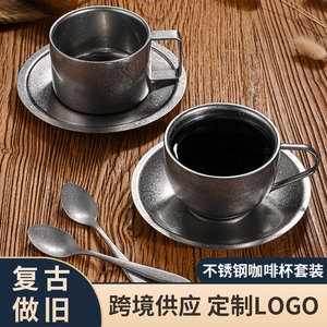 Retro 304 Stainless Steel Coffee <b>Mug</b> 200ml Double Wall With Saucer <b>Set</b> For Tea And Coffee - Product Image 5