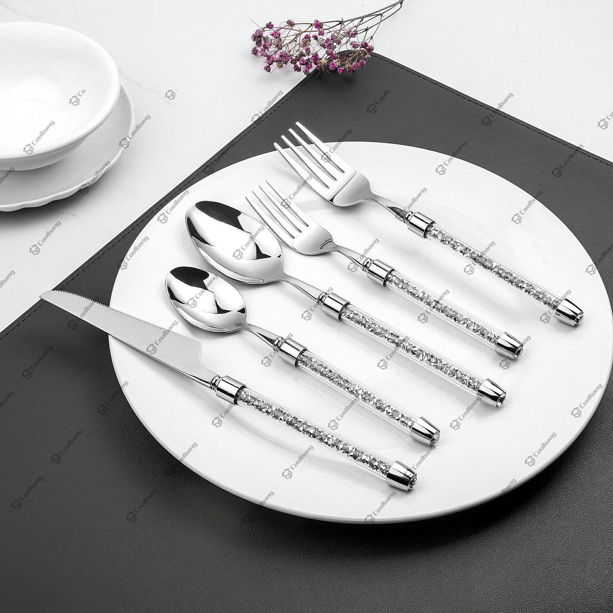 Gold Silverware Forks and Spoons Set Crushed Diamond Flatware Sets