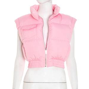Winter Trendy Wholesale Fashion Cropped Bubble Coats Women Sleeveless Bomber Puffer Jacket Casual Style Thick Fleece Top - Product Image 4
