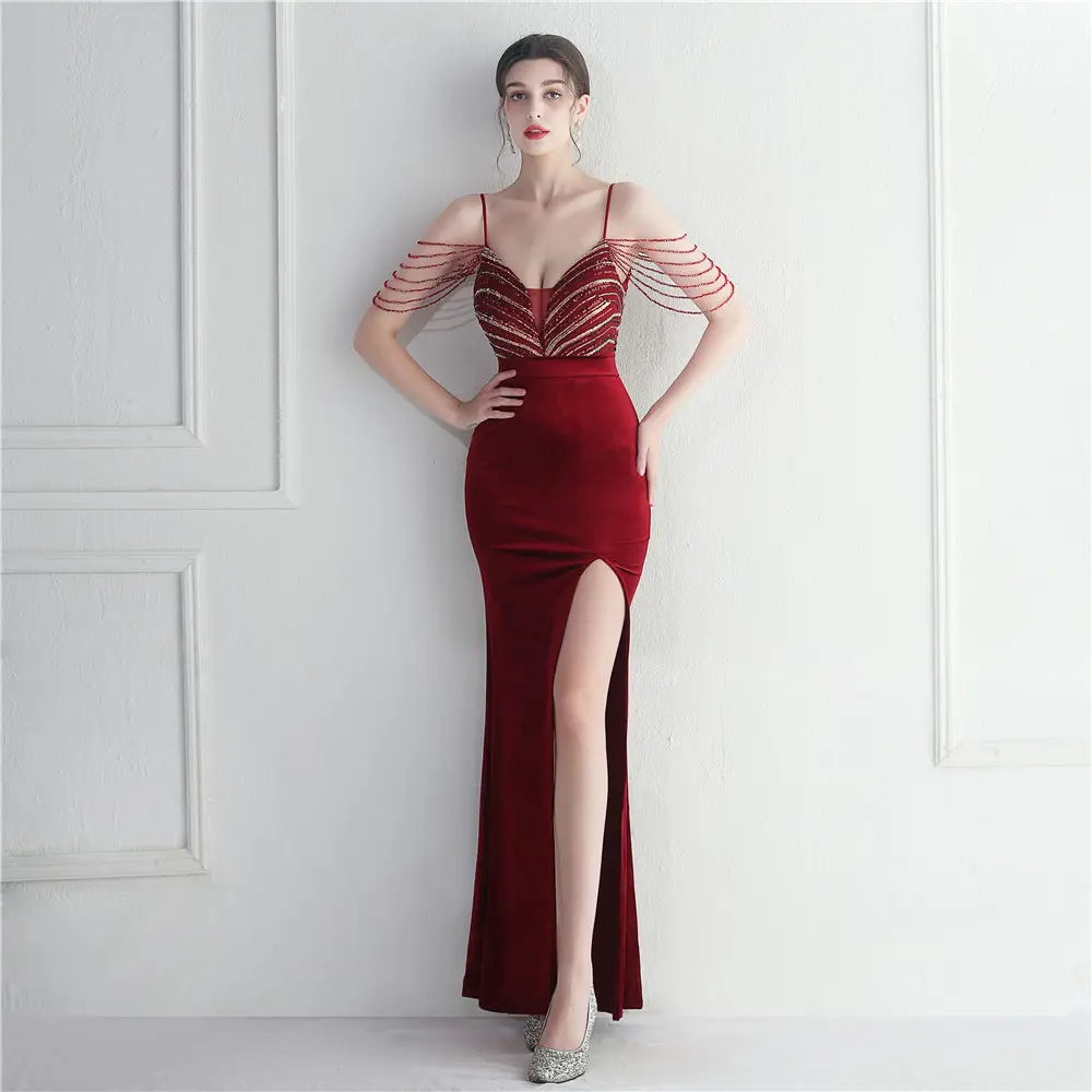 Stock foreign trade fashion red carpet formal occasion beaded chain suspender long evening gown