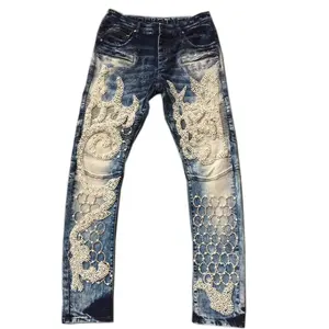 Royal wolf custom rock revival jeans diamond cut jeans clothing wholesale pearl mens rhinestone decorate jeans