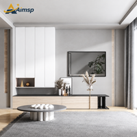 Meuble TV mural minimaliste sur mesure, console flottante en bois grainé, plateau mat foncé, armoires murales blanches, gain de place pour appartement moderne