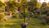 Station d'alimentation pour oiseaux de jardin en métal antique, écologique, avec lanterne solaire, pot de fleurs, crochets de suspension, plateau de bain pour oiseaux et aiguille d'vent