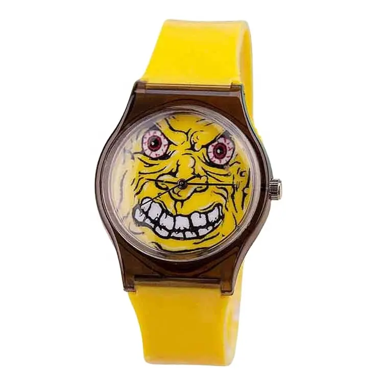 Bracelet en PVC fin de couleur jaune, montre à quartz décontractée populaire avec visage exagéré
