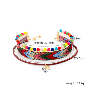 Collier ras du cou bohème multicolore <span class=keywords><strong>en</strong></span> ruban tricoté et tissé à la main, orné de pompons et d'un pendentif feuille <span class=keywords><strong>en</strong></span> alliage - Product Image 5