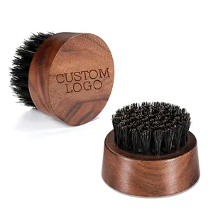 Natural Wooden Handle Round Mini Boar Bristles Men Beard Brush Carve Free Custom Logo Hair Brush For Beard