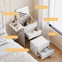 Ensemble de coiffeuse de maquillage intelligente en bois avec miroir lumineux à rabat et éclairage intégré, MOQ 100