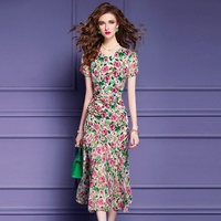Robe de soirée élégante à manches courtes et taille haute, coupe sirène, imprimé floral français, pour femmes, FMY50794