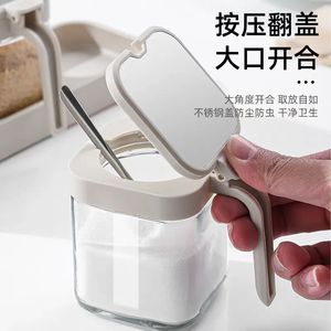 Seasoning Jars Glass Salt Containers Airtight Flip Top Lid With Spoons For Kitchen Condiments Solid Seasonings Set M Size - Product Image 2