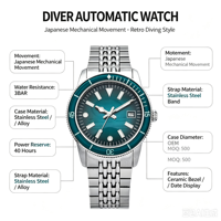 Montre automatique pour homme rétro OEM ODM MOQ500, mouvement mécanique japonais, verre saphir, lunette en céramique, date, 3BAR, acier inoxydable