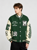 Blouson universitaire rétro brodé pour homme, vert et beige, avec patchs lettres, style baseball, streetwear