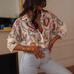 Chemise à imprimé floral bohème pour femmes, style vintage brodé, manches longues, <span class=keywords><strong>chemisier</strong></span> de vacances - Product Image 1