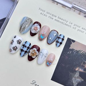 <span class=keywords><strong>Uñas</strong></span> Postizas Hechas a Mano Estilo American Sweetheart con Perlas <span class=keywords><strong>Blancas</strong></span> y Lazo, <span class=keywords><strong>Manicura</strong></span> para Dedos con Forma de Almendra - Product Image 4