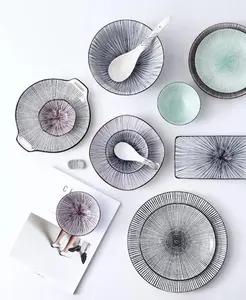 Peralatan makan dalam keramik, 8 inci gaya Nordik kreatif cetak warna lapisan dalam piring makanan rumah bulat