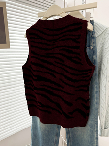 Chaleco de punto con estampado de cebra y cuello en V para mujer, sin mangas, holgado, informal, para uso diario, venta al por mayor - Product Image 3