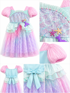 Magical Girls' <b>Mermaid</b> <b>Princess</b> Dress with Sequin Lace Bodice, Pearl Details, and Colorful Organza Skirt for Parties - Product Image 3