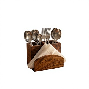 Porte-couverts en bois avec support à mouchoirs, organisateur de table à manger pour cuillères, fourchettes, couteaux, rangement de cuisine rustique et décoration intérieure - Product Image 1