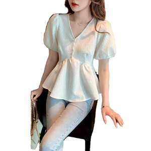 Camicetta Elegante in Chiffon Stile Coreano per Donne e Ragazze, Nuova Moda con Scollo a V, Maniche Corte a Sbuffo, Decorazione con Bottoni, Tinta Unita Lavorata a Maglia - Product Image 1