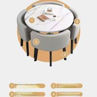 Table à manger ronde moderne de type plaque avec plateau en dalle de roche et pieds en bois, 4 places, design en pierre pour la maison et la villa