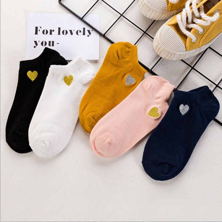 Solid Color Heart Logo Cotton Low Cut Breathable Plain Bulk Boat Socks