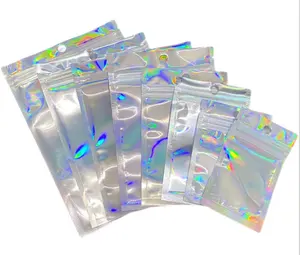 Color Flash Aircraft Hole Flat Base Plastic Ziplock Holographic Laser Glisten Bags For Food Preservation