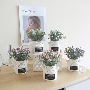 Gypsophila Artificial Mini Potted <b>Plant</b> Milk Bottle Ceramic Pot Set Fake Flower Ornament For Home Desktop Art Craft Decor - Product Image 1