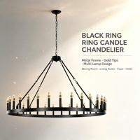 Lampu Gantung Candelabra Roda Gerobak Besar Cincin Logam Hitam dengan Soket E12, Lampu Gantung Gaya Farmhouse untuk Ruang Tamu dan Foyer