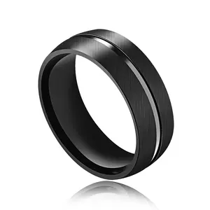 Matt Simple Perfect Line แหวนสเตนเลสสตีลสำหรับงานแต่งงานแหวนผู้ชายสีดำ