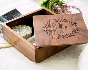 factory Personalized Large Square Wedding Memory Box Engraved Wood Keepsake Storage Photo Box with Sliding Lid