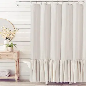 100% 亚麻混纺浴帘，褶边现代环保设计，适用于浴巾和浴室窗帘