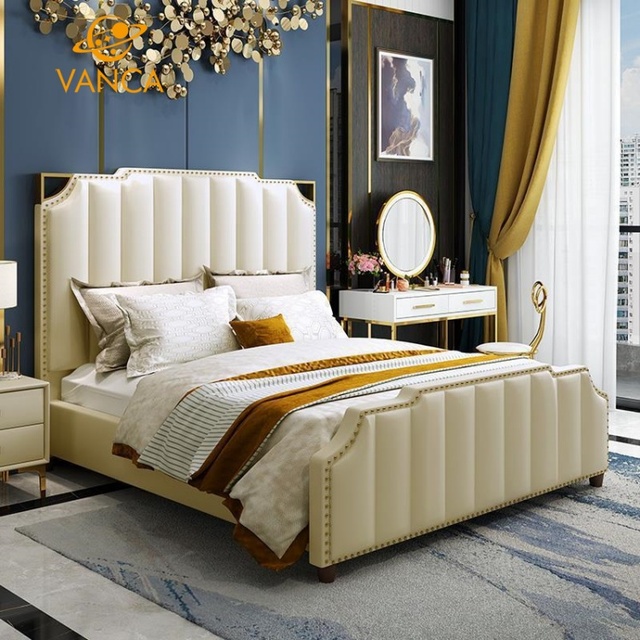 High Luxury Italian Style Premium Turkish Bedroom Furniture European Modern Royal Minimal Bed Glossy Cream Brown Lacquer Gold