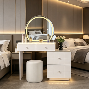 Nuevo Set de Tocador con Cajones y Panel de Rejilla, Espejo Redondo con Luz LED, Taburete Cilíndrico Desmontable, Mesa de Maquillaje Blanca para Dormitorio - Product Image 6